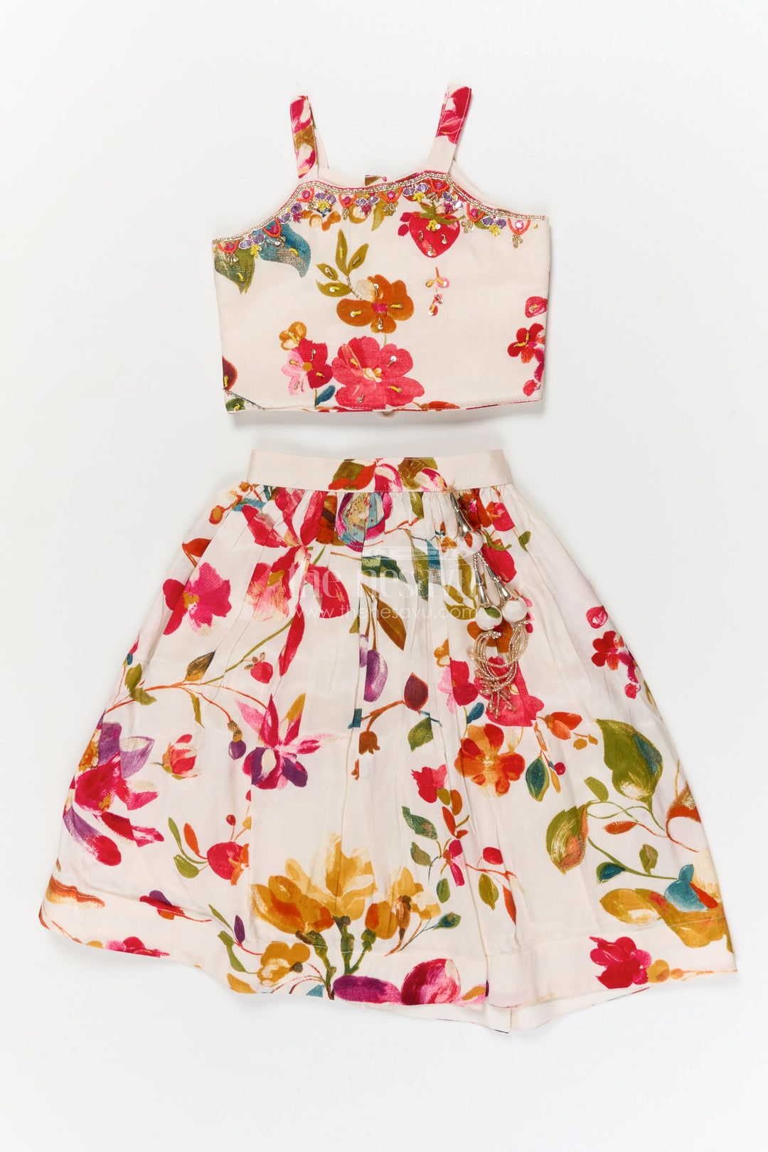 The Nesavu Girls Ethnic Lehenga Girls Floral Lehenga Set with Spaghetti Blouse for Birthdays and Outdoor Events Nesavu 18 (2Y) / White / Modal GL860A-18 Nesavu girls floral lehenga choli set in modal silk with spaghetti blouse for festive parties
