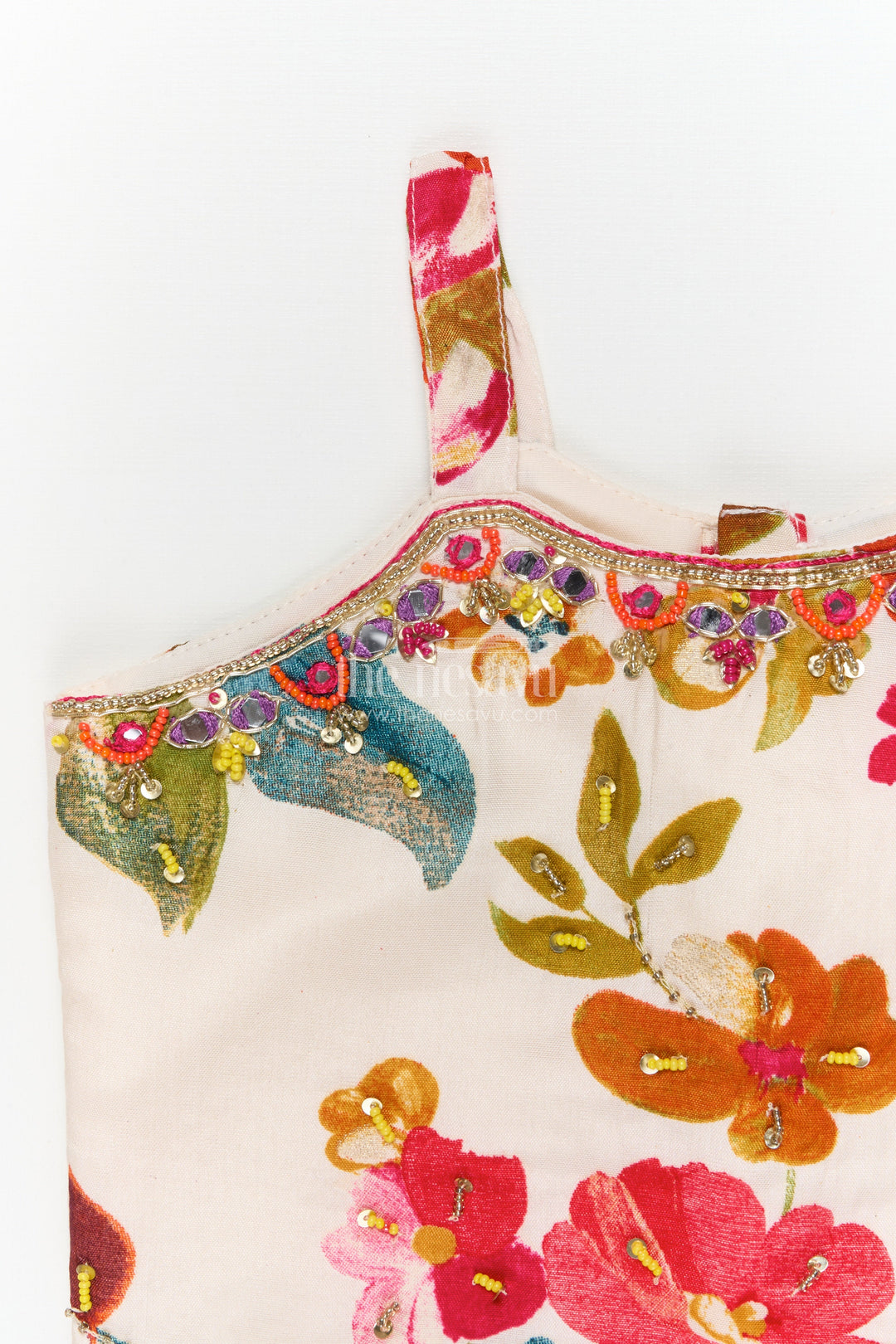 The Nesavu Girls Ethnic Lehenga Girls Floral Lehenga Set with Spaghetti Blouse for Birthdays and Outdoor Events Nesavu Nesavu girls floral lehenga choli set in modal silk with spaghetti blouse for festive parties