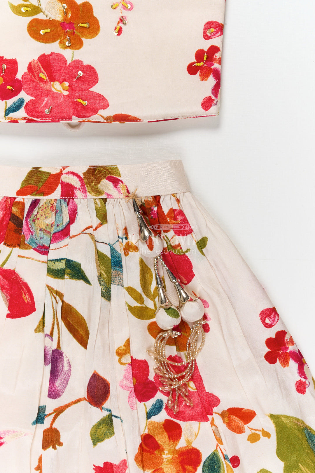 The Nesavu Girls Ethnic Lehenga Girls Floral Lehenga Set with Spaghetti Blouse for Birthdays and Outdoor Events Nesavu Nesavu girls floral lehenga choli set in modal silk with spaghetti blouse for festive parties
