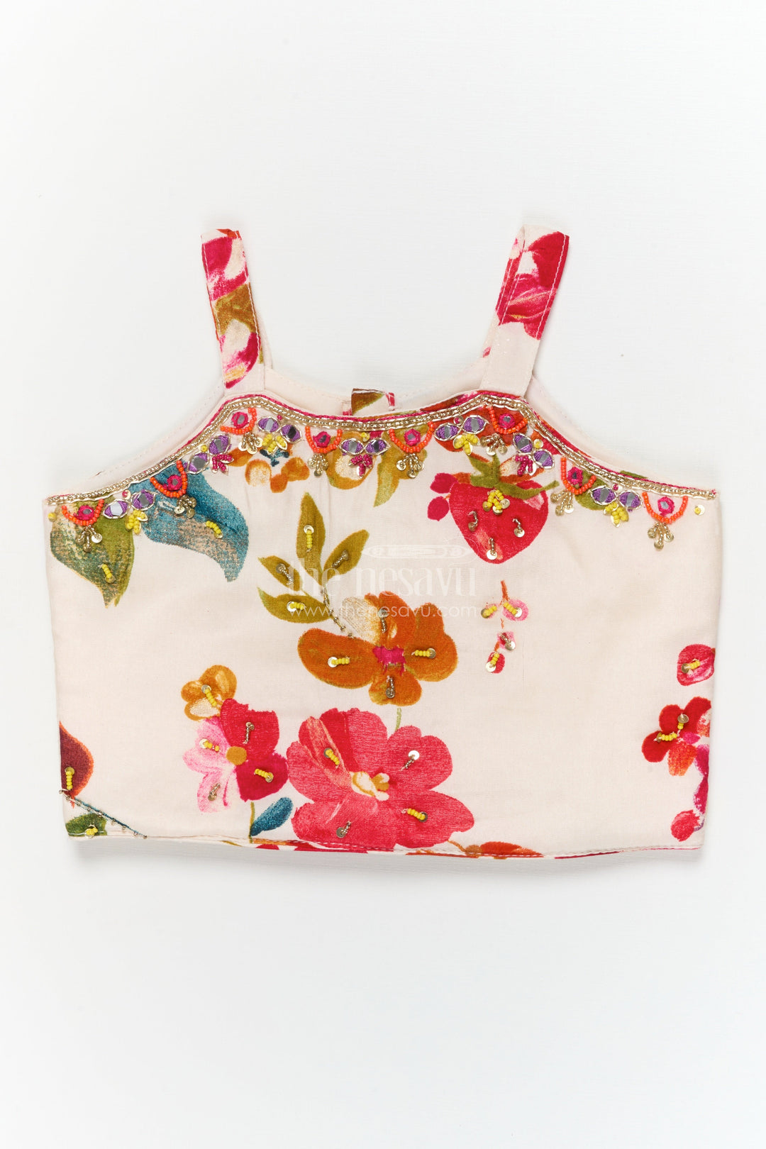 The Nesavu Girls Ethnic Lehenga Girls Floral Lehenga Set with Spaghetti Blouse for Birthdays and Outdoor Events Nesavu Nesavu girls floral lehenga choli set in modal silk with spaghetti blouse for festive parties