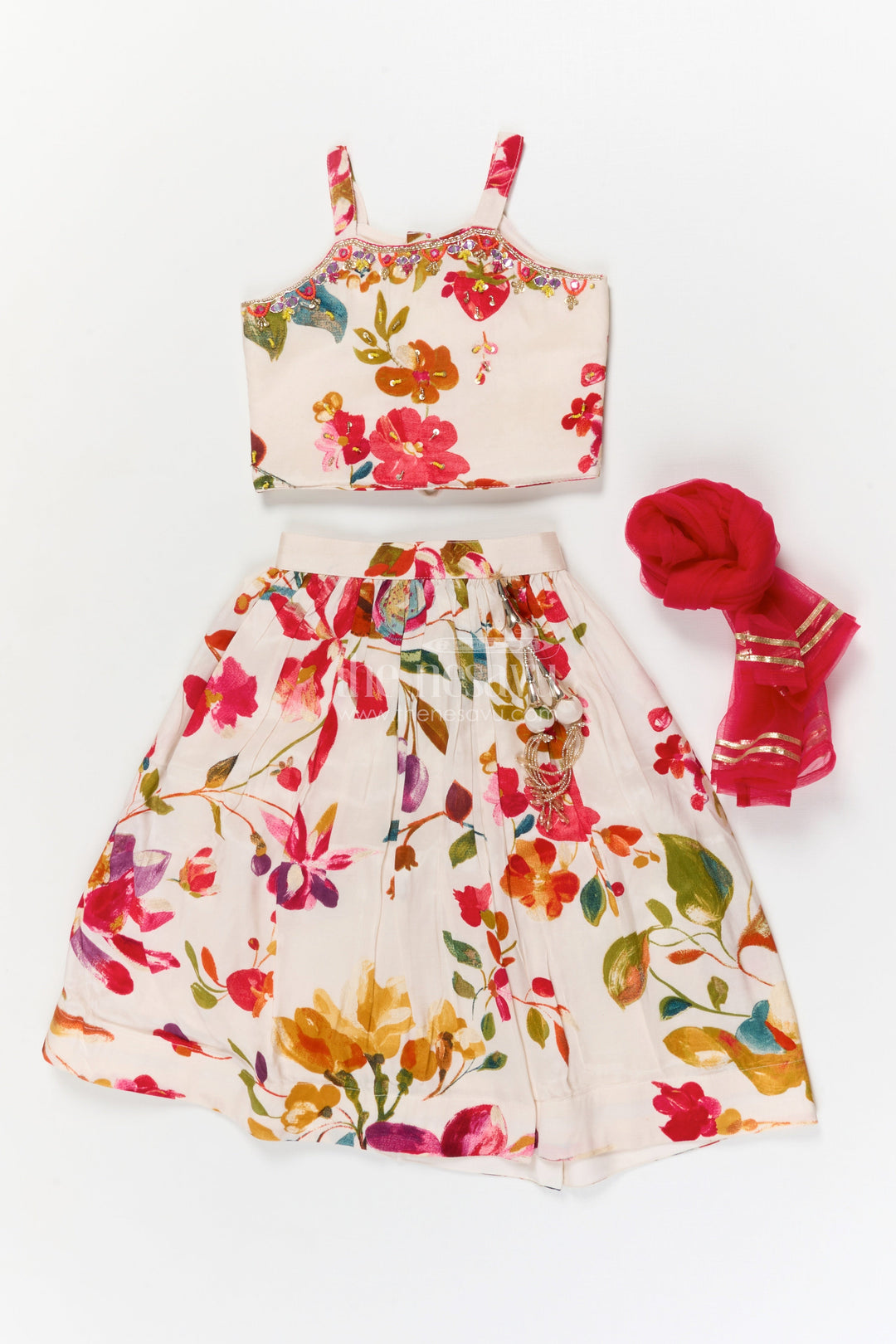The Nesavu Girls Ethnic Lehenga Girls Floral Lehenga Set with Spaghetti Blouse for Birthdays and Outdoor Events Nesavu Nesavu girls floral lehenga choli set in modal silk with spaghetti blouse for festive parties