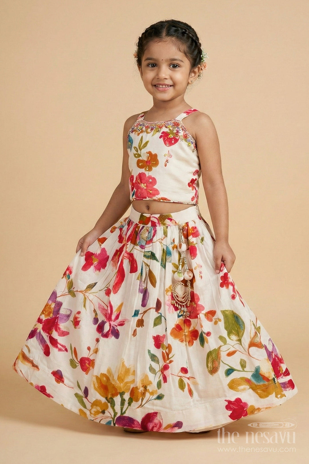 The Nesavu Girls Ethnic Lehenga Girls Floral Lehenga Set with Spaghetti Blouse for Birthdays and Outdoor Events Nesavu Nesavu girls floral lehenga choli set in modal silk with spaghetti blouse for festive parties