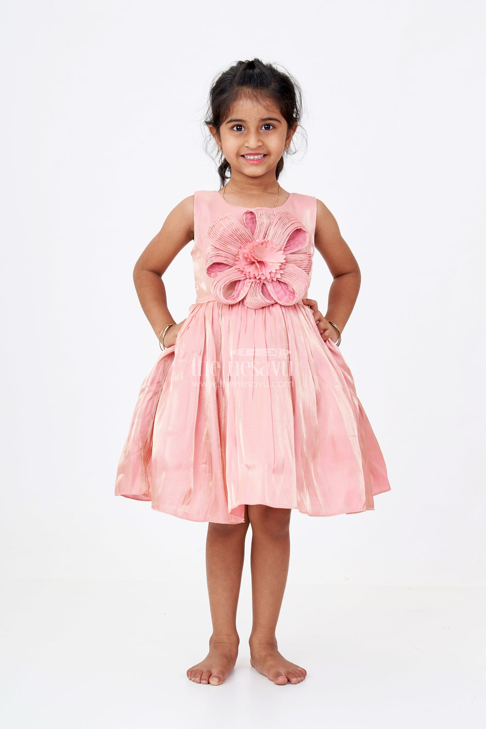 The Nesavu Girls Fancy Party Frock Girls Floral Party Dress in Glazed Organza with Oversized Textured Flower and Elegant Flared Silhouette Nesavu Nesavu Girls Floral Party Dress Glazed Organza 3D Flower Embellishment Elegant Flair