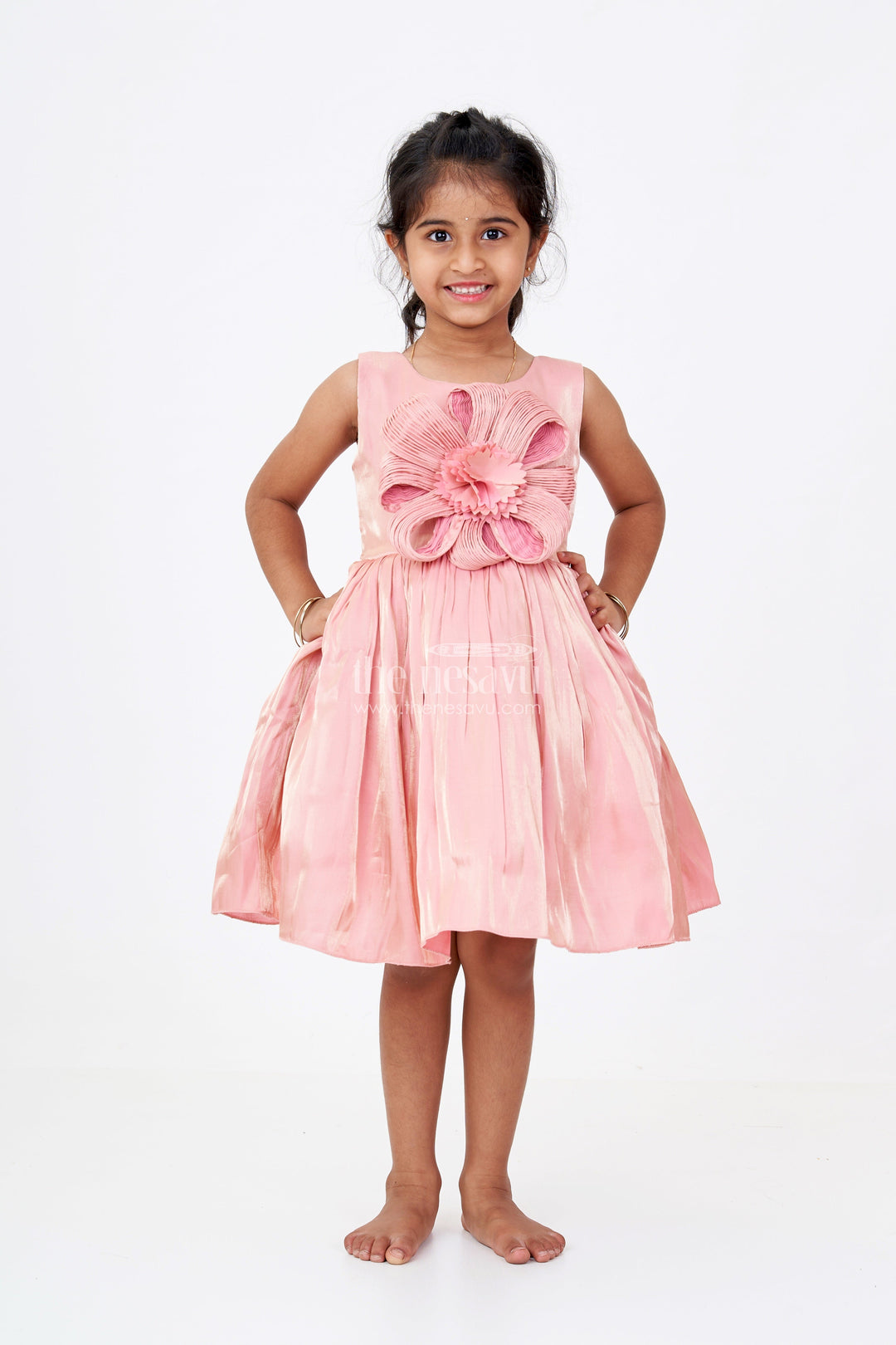 The Nesavu Girls Fancy Party Frock Girls Floral Party Dress in Glazed Organza with Oversized Textured Flower and Elegant Flared Silhouette Nesavu Nesavu Girls Floral Party Dress Glazed Organza 3D Flower Embellishment Elegant Flair