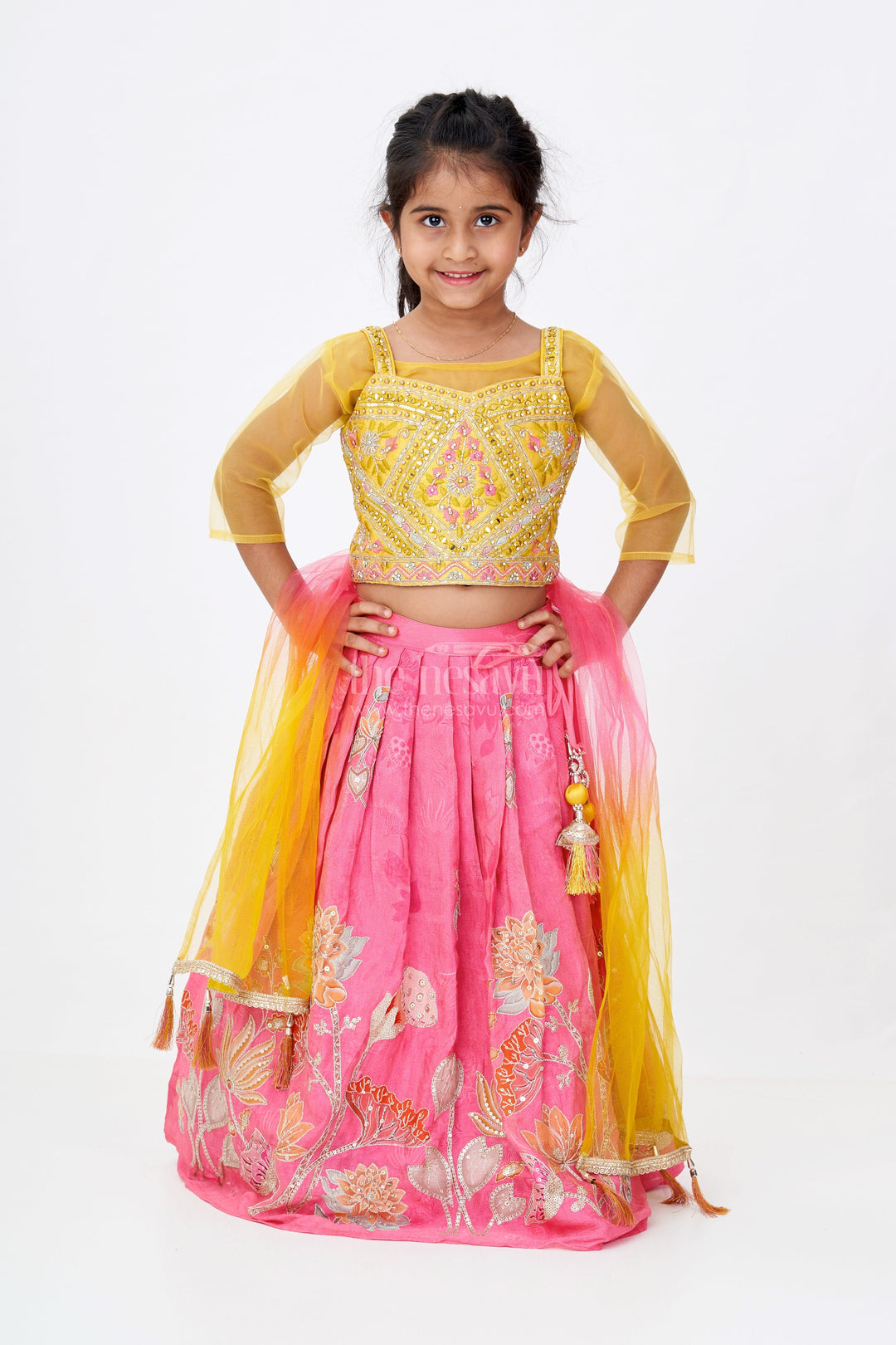 The Nesavu Girls Lehenga Choli Girls Floral Pink Lehenga in Viscose Tissue with Embroidered Choli and Multicolor Net Dupatta Nesavu Nesavu Girls Floral Pink Lehenga Viscose Tissue Mirror Embroidery Bright Net Dupatta