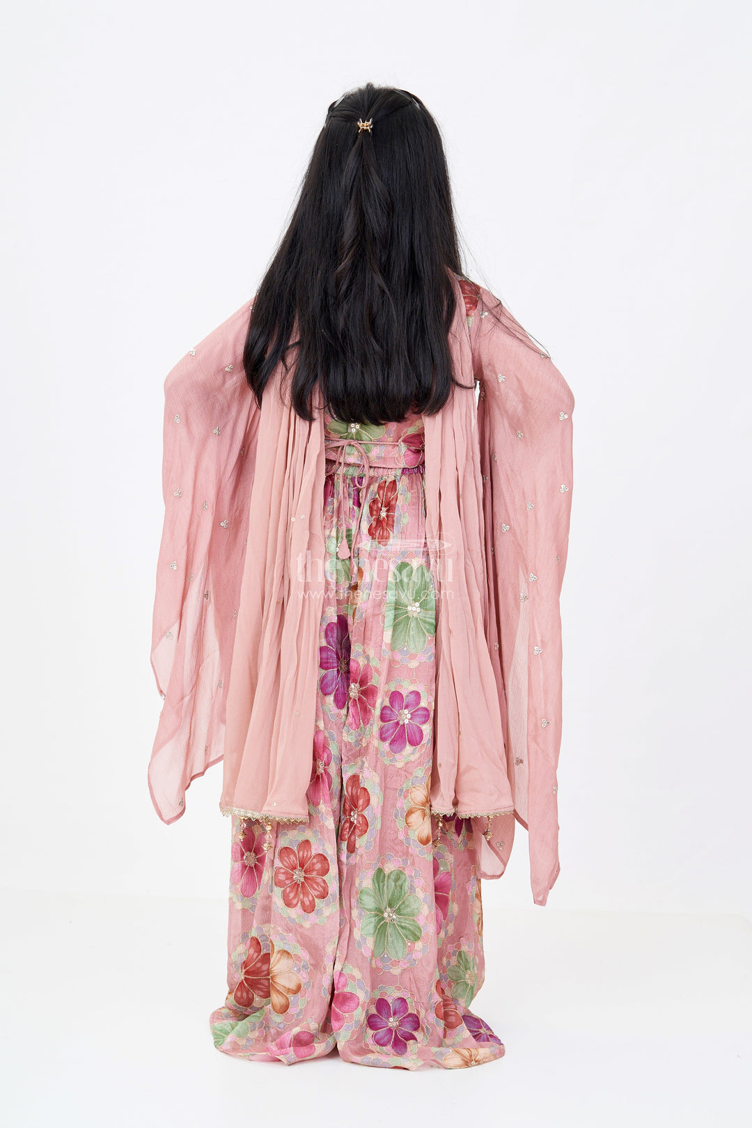 The Nesavu Girls Sharara / Plazo Set Girls Floral Plazo and Top Set with Organza Sleeves and Embroidered Details Nesavu Nesavu Girls Floral Printed Plazo Top Set Embroidered Sleeves Dupatta