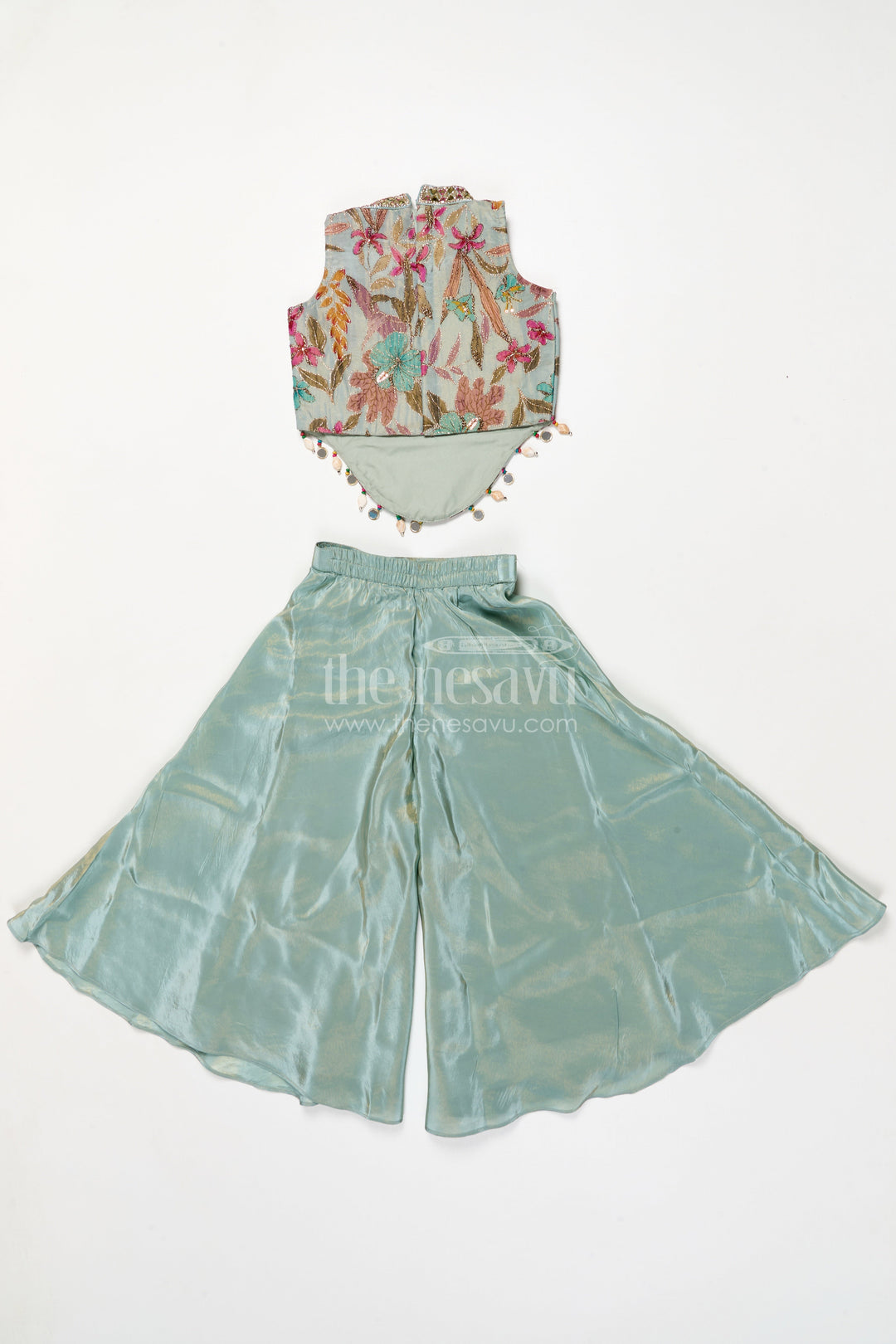 The Nesavu Girls Sharara / Plazo Set Girls Floral Plazo Set with Embroidered Top and Matching Purse for Festive Occasions Nesavu Nesavu girls floral plazo set with embroidered top and matching purse for festive occasions