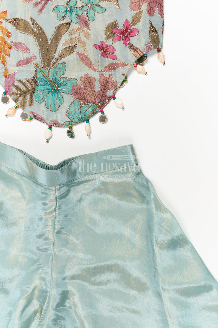 The Nesavu Girls Sharara / Plazo Set Girls Floral Plazo Set with Embroidered Top and Matching Purse for Festive Occasions Nesavu Nesavu girls floral plazo set with embroidered top and matching purse for festive occasions