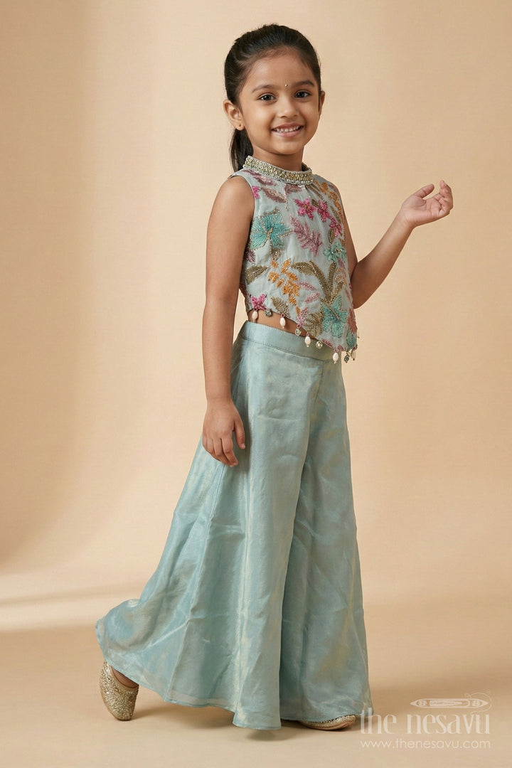 The Nesavu Girls Sharara / Plazo Set Girls Floral Plazo Set with Embroidered Top and Matching Purse for Festive Occasions Nesavu Nesavu girls floral plazo set with embroidered top and matching purse for festive occasions