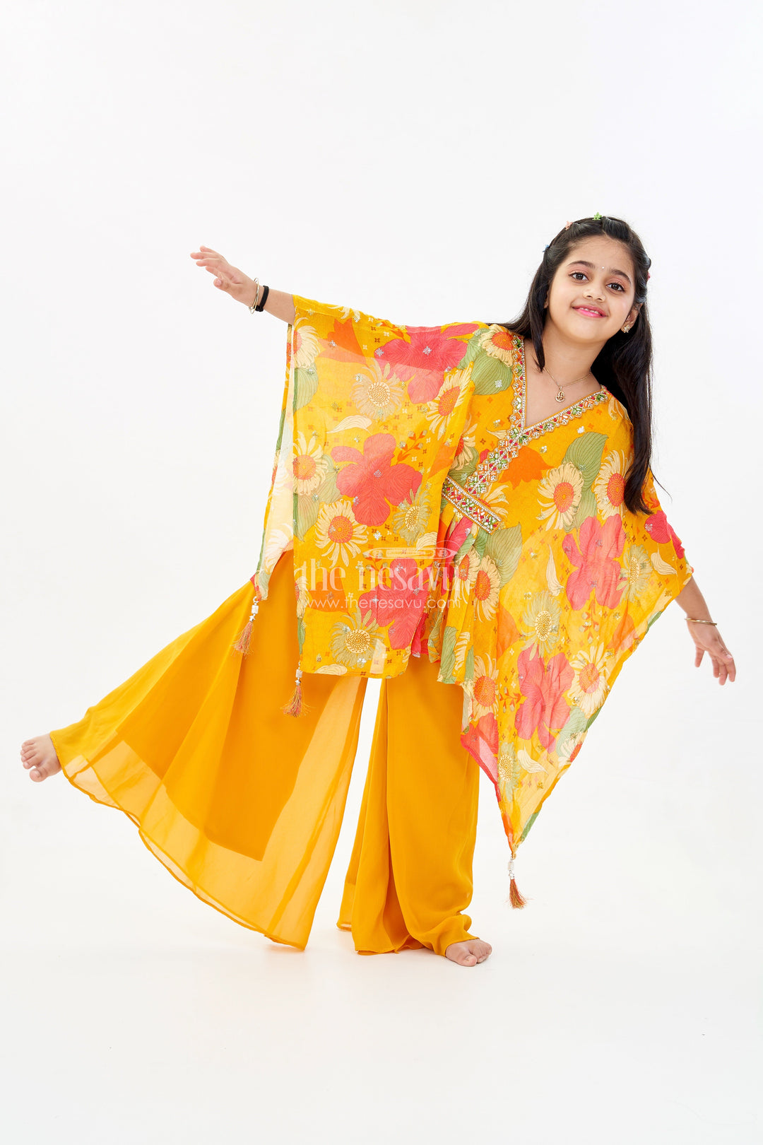 The Nesavu Girls Sharara / Plazo Set Girls Floral Printed Kurti and Plazoo Set in Chinon Silk with Dupatta for Festive Wear Nesavu 24 (5Y) / Yellow GPS556A-24 Nesavu Girls Floral Printed Kurti Plazoo Set Chinon Silk Dupatta Festive Look