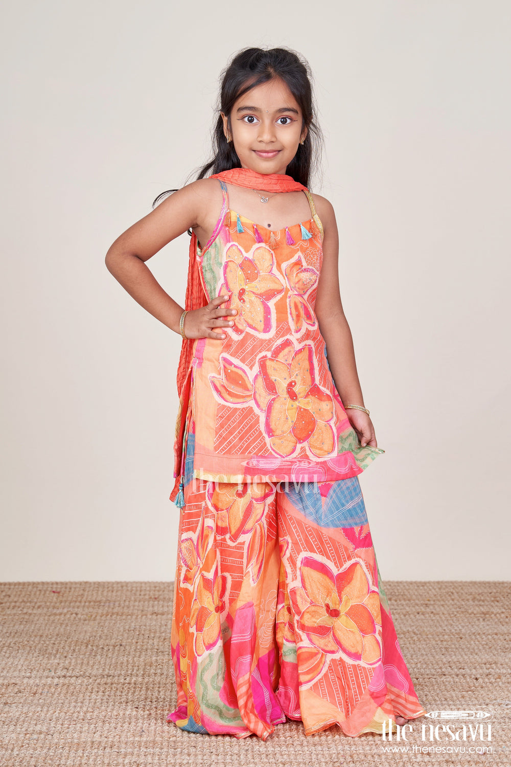 The Nesavu Girls Sharara / Plazo Set Girls Floral Printed Sharara Set for Festive Twirls and Stage Events Nesavu 18 (2Y) / Orange GPS770B-18 Nesavu girls floral sharara set dupatta weddings dance programs festive occasions