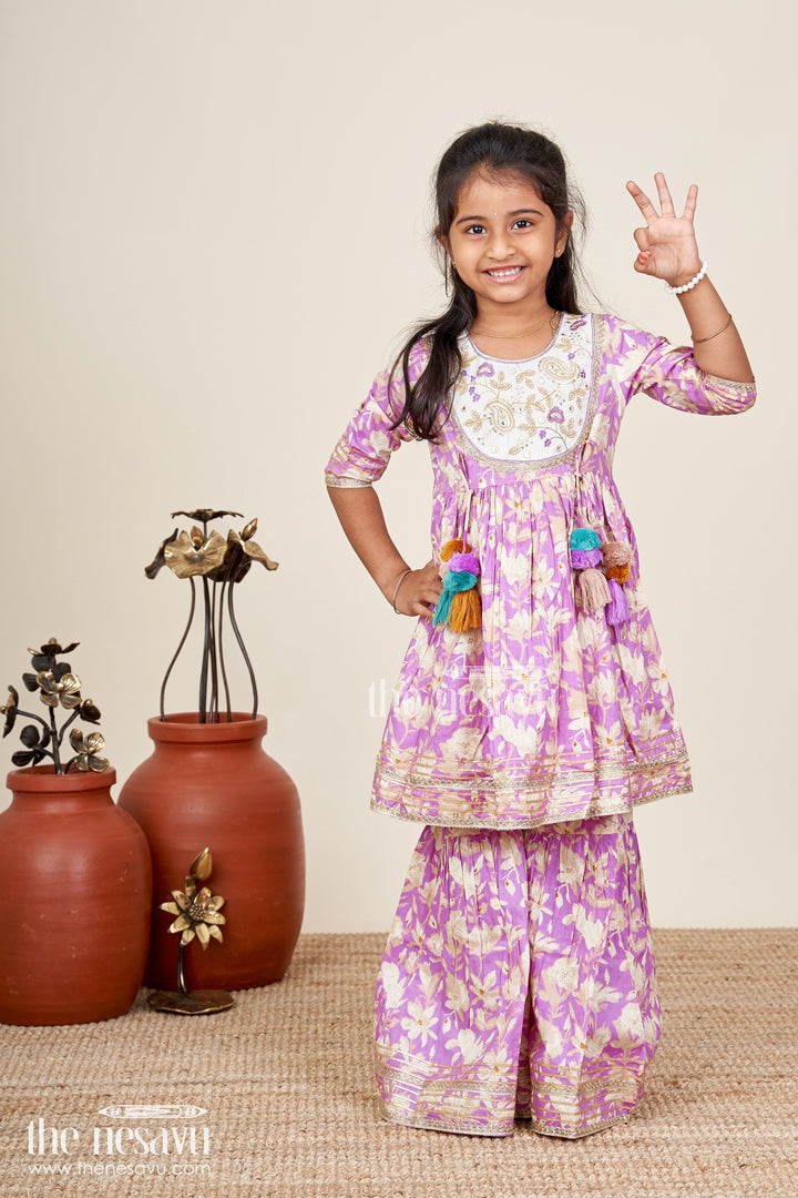 The Nesavu Girls Sharara / Plazo Set Girls floral sharara set with embellished neckline and gota lace Nesavu Nesavu girls floral cotton sharara set embellished neckline tassels  festive wear Navratri