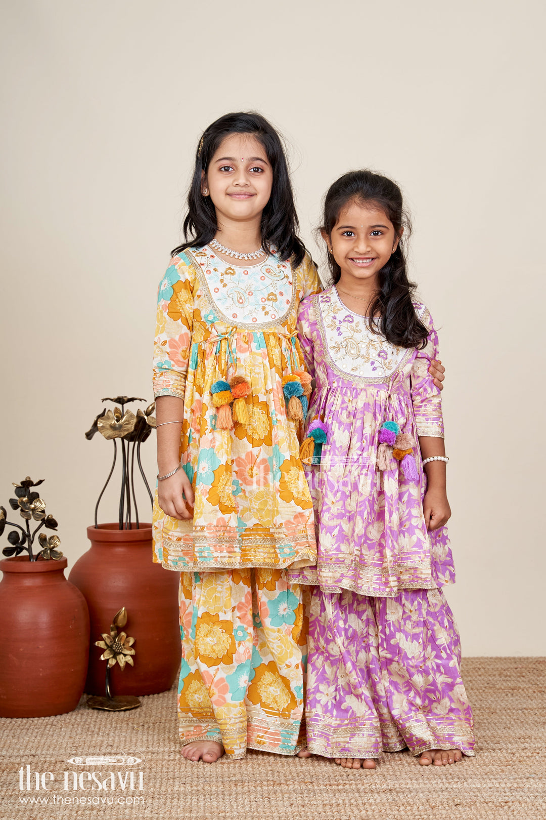 The Nesavu Girls Sharara / Plazo Set Girls floral sharara set with embellished neckline and gota lace Nesavu Nesavu girls floral cotton sharara set embellished neckline tassels  festive wear Navratri