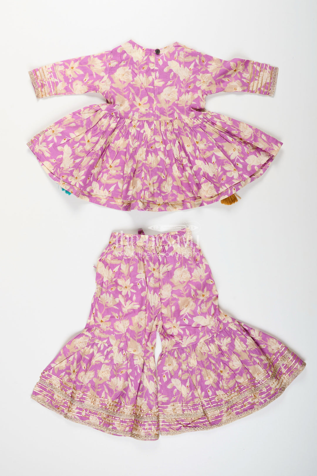 The Nesavu Girls Sharara / Plazo Set Girls floral sharara set with embellished neckline and gota lace Nesavu Nesavu girls floral cotton sharara set embellished neckline tassels  festive wear Navratri
