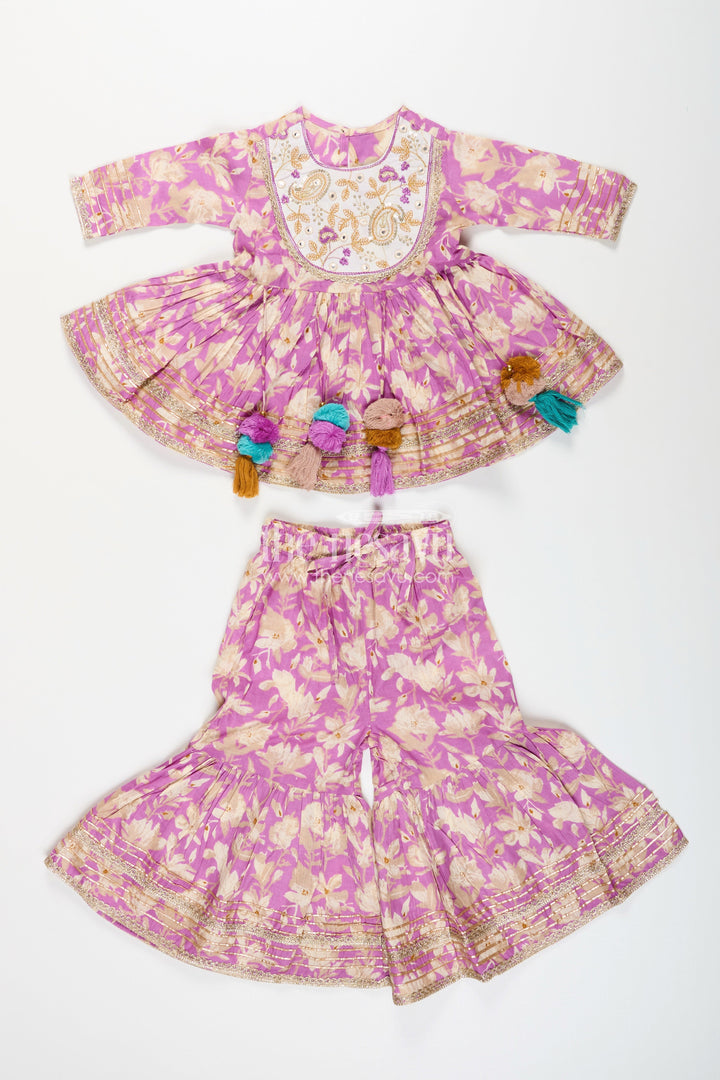 The Nesavu Girls Sharara / Plazo Set Girls floral sharara set with embellished neckline and gota lace Nesavu Nesavu girls floral cotton sharara set embellished neckline tassels  festive wear Navratri