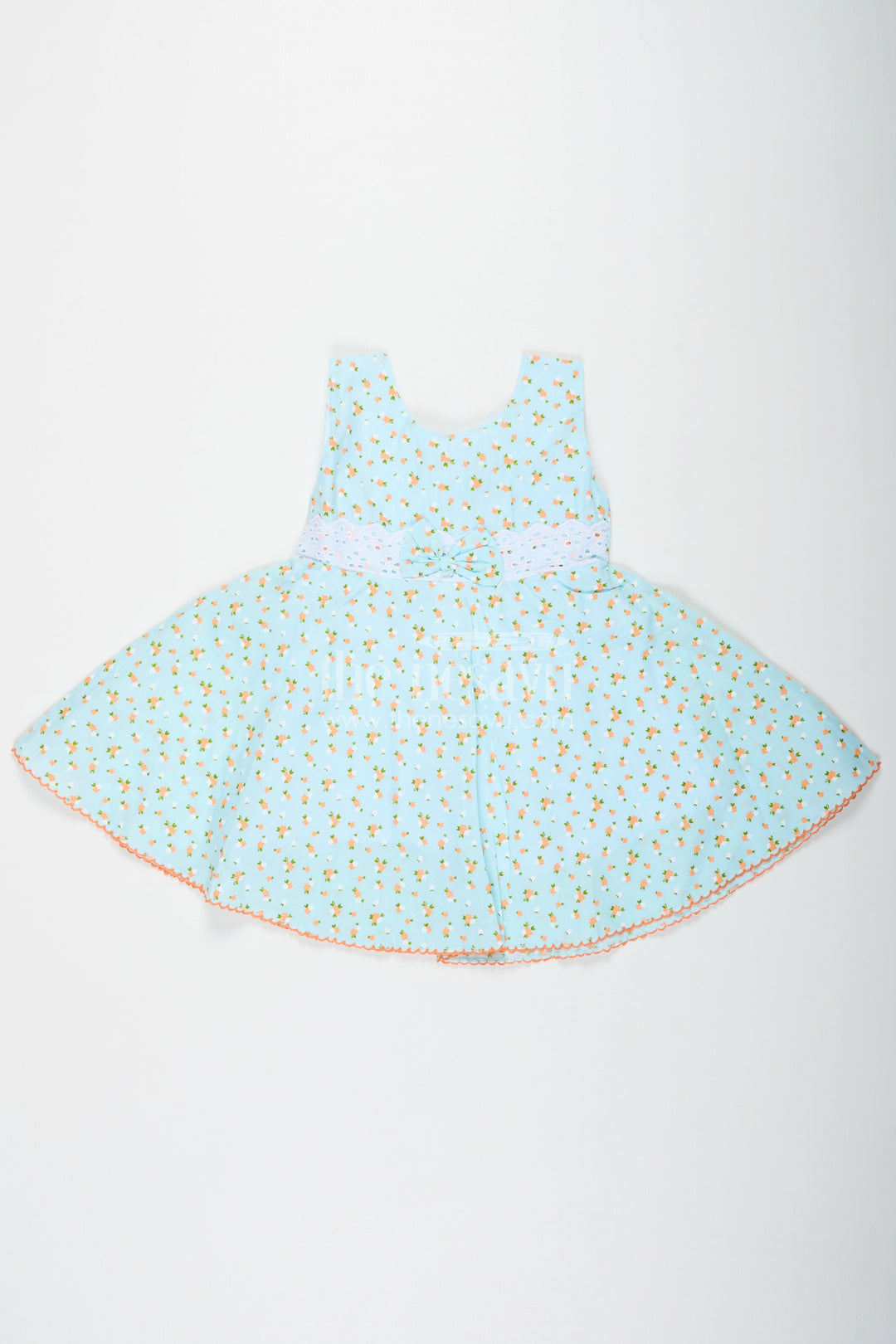 The Nesavu Baby Cotton Frocks Girls Flower Girl Dresses in Light Blue Cotton with Allover Floral Print and Elegant Lace Bow Waist Nesavu 14 (6M) / Blue BFJ752C-14 Nesavu Girls Cotton Flower Girl Dresses Lace Bow Orange Floral Print Everyday Comfort