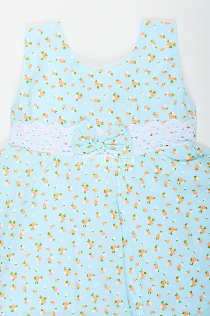 The Nesavu Baby Cotton Frocks Girls Flower Girl Dresses in Light Blue Cotton with Allover Floral Print and Elegant Lace Bow Waist Nesavu Nesavu Girls Cotton Flower Girl Dresses Lace Bow Orange Floral Print Everyday Comfort