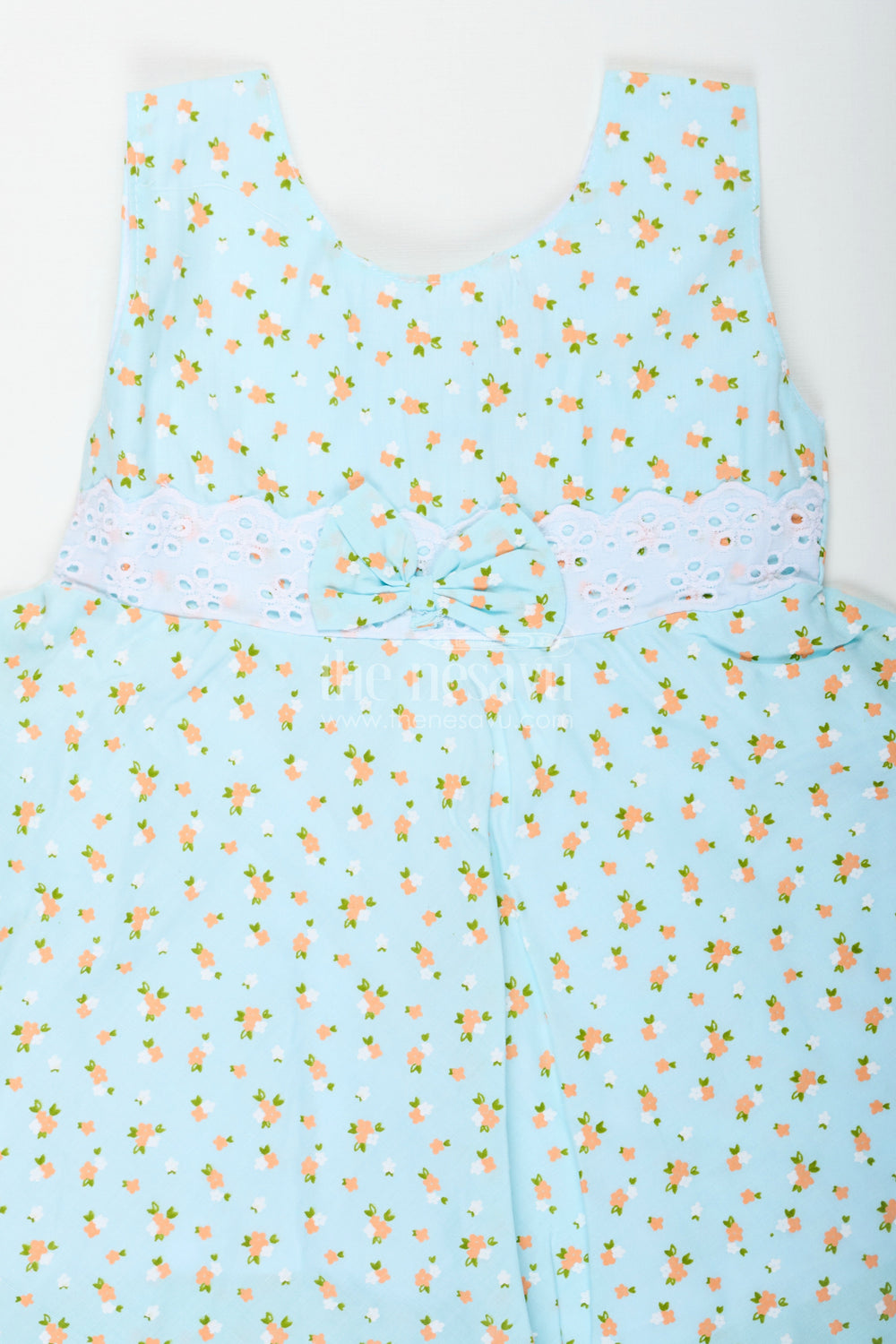 The Nesavu Baby Cotton Frocks Girls Flower Girl Dresses in Light Blue Cotton with Allover Floral Print and Elegant Lace Bow Waist Nesavu Nesavu Girls Cotton Flower Girl Dresses Lace Bow Orange Floral Print Everyday Comfort