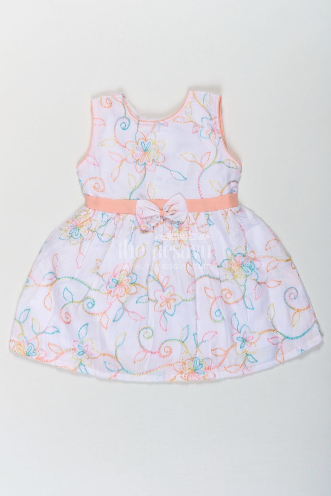 The Nesavu Baby Cotton Frocks Girls Flower White Dress in Cotton with Multicolor Floral Embroidery and Peach Waist Bow Nesavu 14 (6M) / White BFJ754A-14 Nesavu Flower White Dress Girls Embroidered Cotton Multicolor Floral Patterns Bow Accent