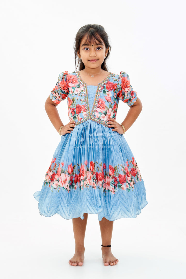 The Nesavu Silk Party Frock Girls Flowery Frock with Digital Floral Print and Embellished Bodice for a Stylish Party Look Nesavu 18 (2Y) / Blue SF969A-18 Nesavu Girls Flowery Frock Digital Floral Print Embellished Puff Sleeves
