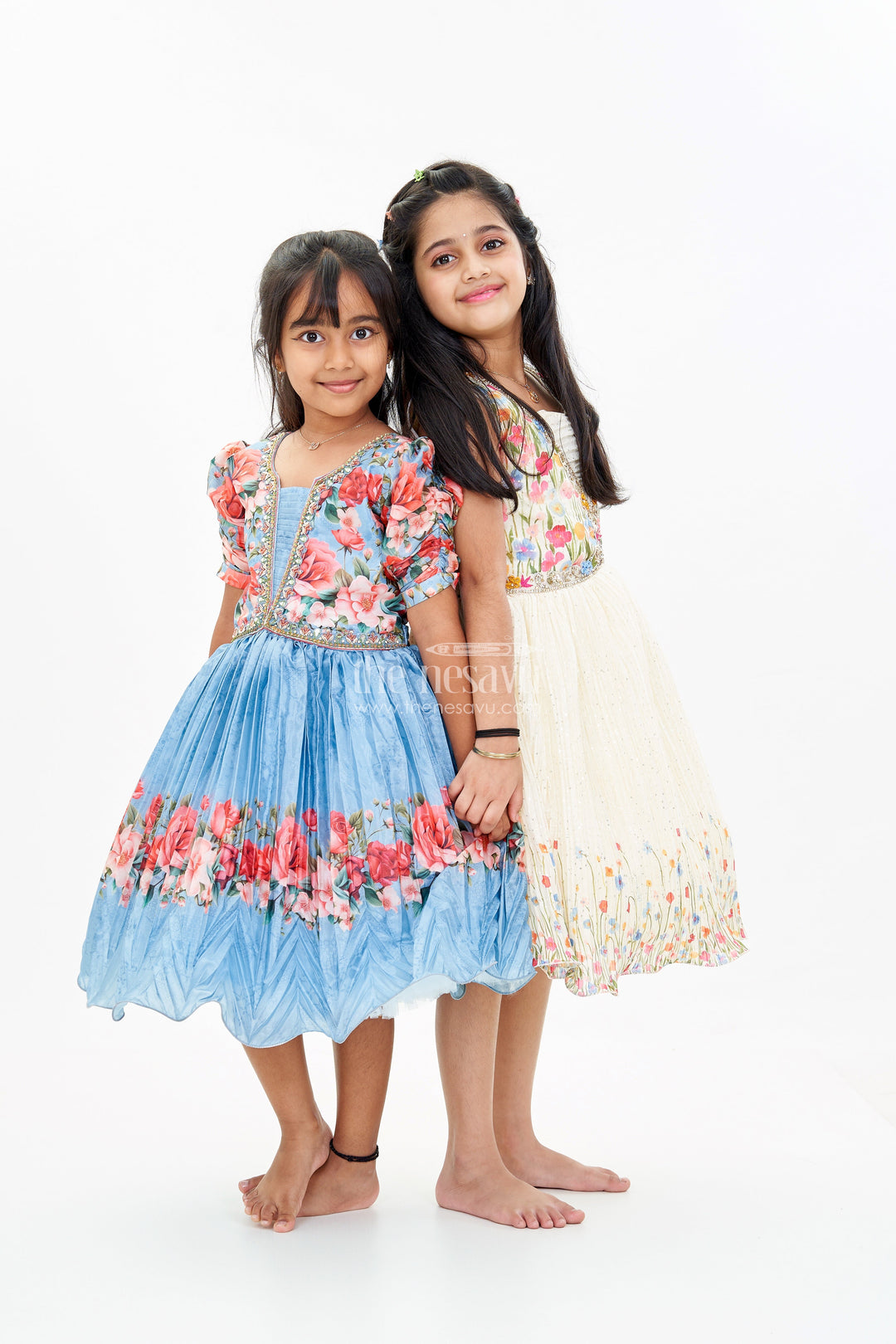 The Nesavu Silk Party Frock Girls Flowery Frock with Digital Floral Print and Embellished Bodice for a Stylish Party Look Nesavu Nesavu Girls Flowery Frock Digital Floral Print Embellished Puff Sleeves
