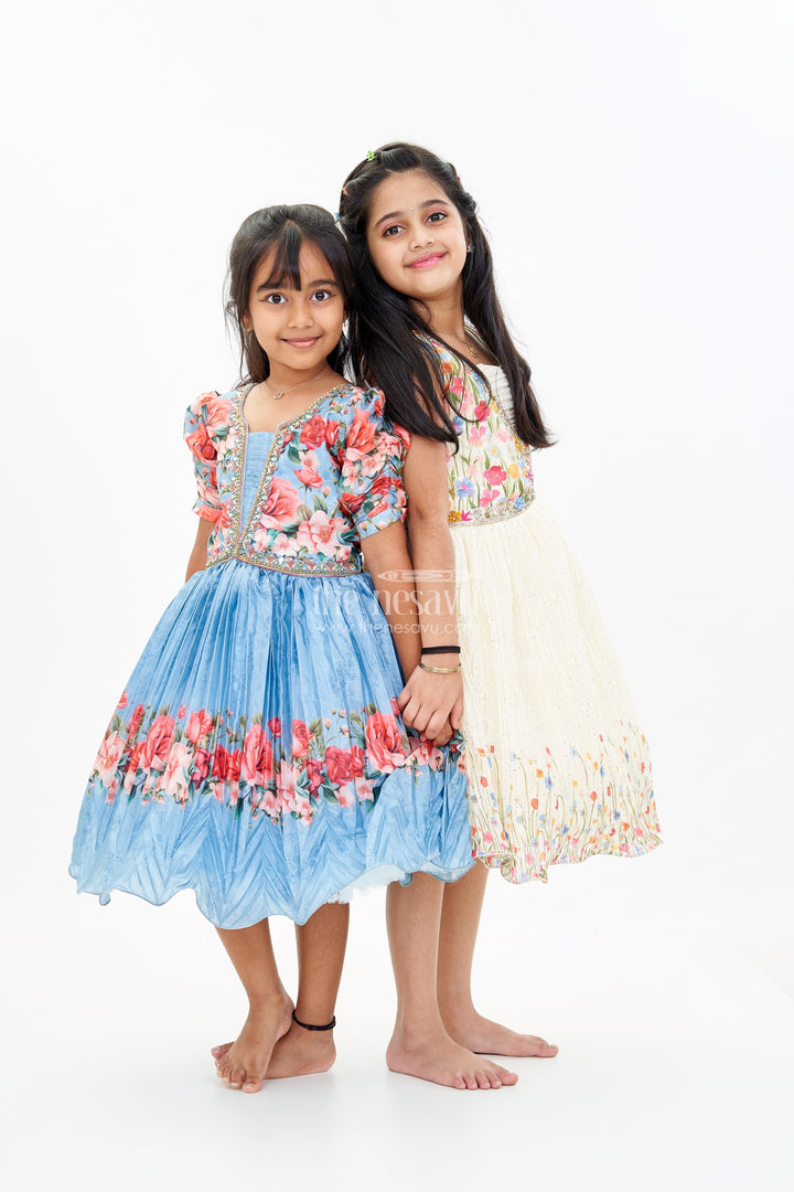 The Nesavu Silk Party Frock Girls Flowery Frock with Digital Floral Print and Embellished Bodice for a Stylish Party Look Nesavu Nesavu Girls Flowery Frock Digital Floral Print Embellished Puff Sleeves