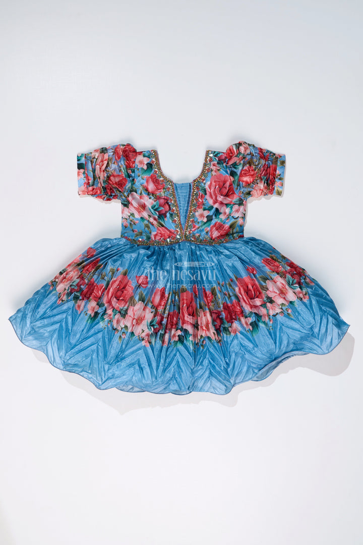 The Nesavu Silk Party Frock Girls Flowery Frock with Digital Floral Print and Embellished Bodice for a Stylish Party Look Nesavu Nesavu Girls Flowery Frock Digital Floral Print Embellished Puff Sleeves
