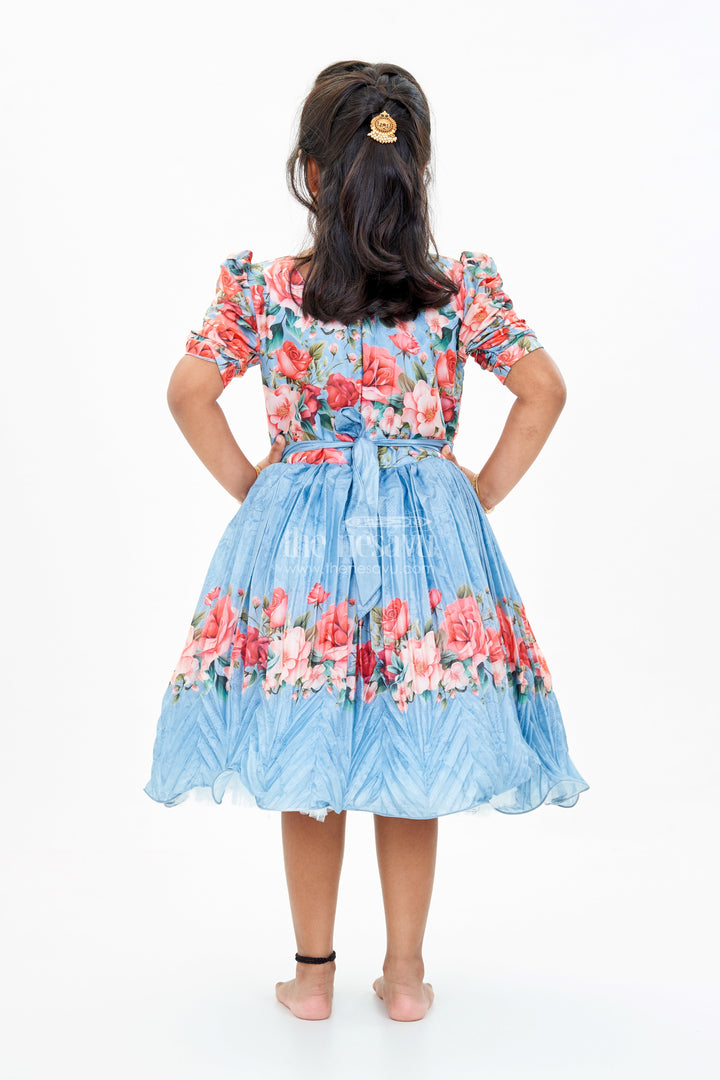 The Nesavu Silk Party Frock Girls Flowery Frock with Digital Floral Print and Embellished Bodice for a Stylish Party Look Nesavu Nesavu Girls Flowery Frock Digital Floral Print Embellished Puff Sleeves