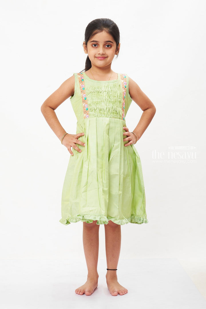 The Nesavu Girls Cotton Frock Girls Fresh Spring Green Cotton Frock with Artisanal Embroidery Nesavu 16 (1Y) / Green / Cotton GFC1266A-16 Hand-Embroidered Cotton Frill Frock for Girls | Summer Playwear | The Nesavu