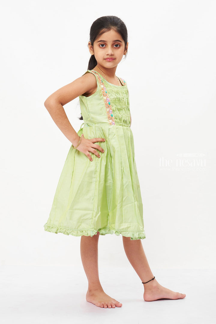 The Nesavu Girls Cotton Frock Girls Fresh Spring Green Cotton Frock with Artisanal Embroidery Nesavu Hand-Embroidered Cotton Frill Frock for Girls | Summer Playwear | The Nesavu