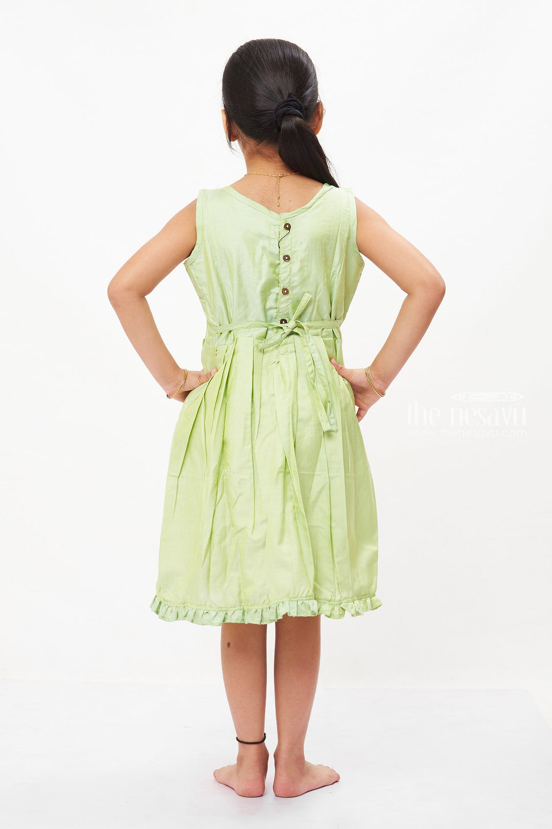 The Nesavu Girls Cotton Frock Girls Fresh Spring Green Cotton Frock with Artisanal Embroidery Nesavu Hand-Embroidered Cotton Frill Frock for Girls | Summer Playwear | The Nesavu