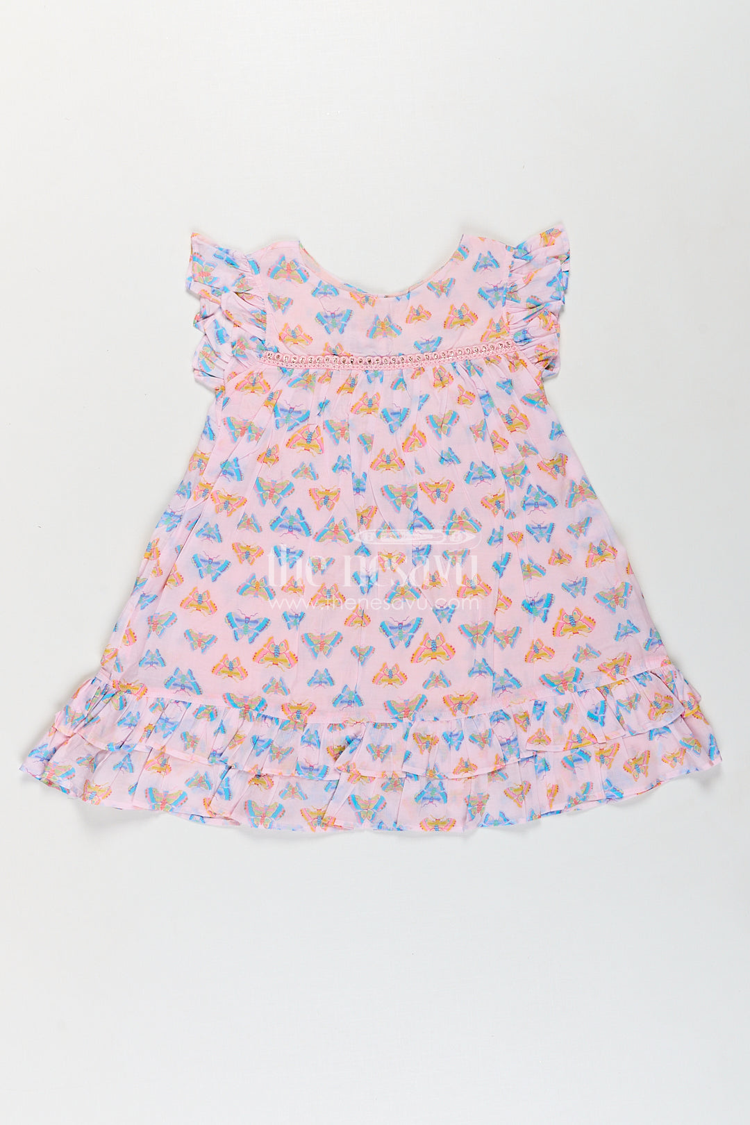 The Nesavu Girls Cotton Frock Girls Frill Sleeve Frock in Cotton with Butterfly Digital Print and Ruffle Hem for Breezy Everyday Style Nesavu 18 (2Y) / Pink GFC1762A-18 Nesavu Girls Frill Sleeve Frock Cotton Butterfly Digital Print Ruffled Hem Design