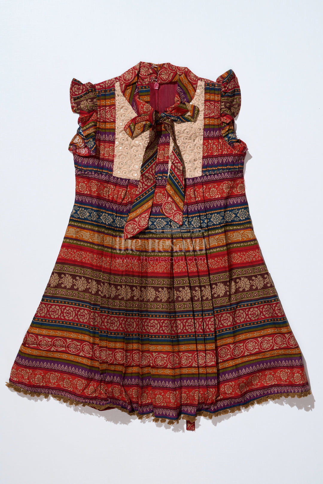 The Nesavu Girls Cotton Frock Girls Frock Cotton Ki with Bohemian Print and Embroidered Yoke for a Chic Look Nesavu 22 (4Y) / Red GFC1628B-22 Nesavu Girls Frock Cotton Ki Bohemian Print Embroidered Yoke Casual Wear