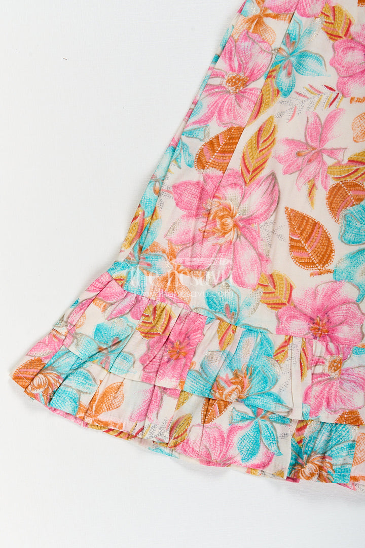The Nesavu Girls Fancy Frock Girls Frock Dress Design in Multicolor Floral Modal Silk with Soft Pleats and Ruffle Accents Nesavu Nesavu Girls Multicolor Floral Modal Silk Frock Dress Design Pleated Bodice Ruffle Hem