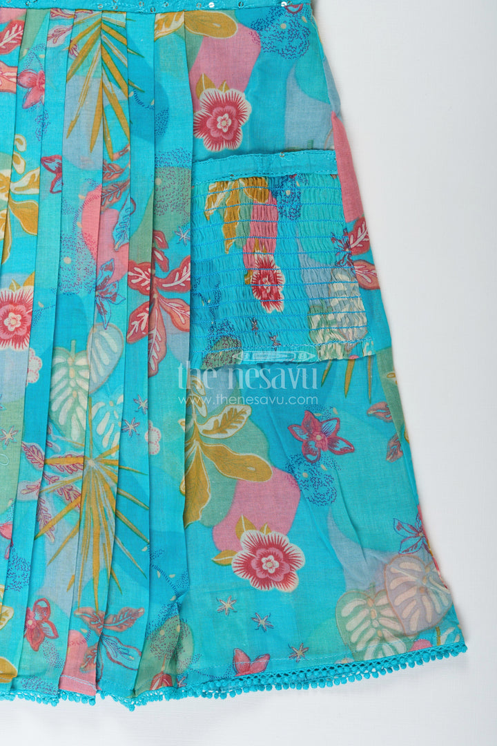 The Nesavu Girls Cotton Frock Girls frock eid stylish dress design in Vibrant Floral Cotton with Sequin Accents and Pleated Skirt Nesavu Nesavu Girls frock eid stylish dress design Printed Cotton Sequin Embroidery Pleats