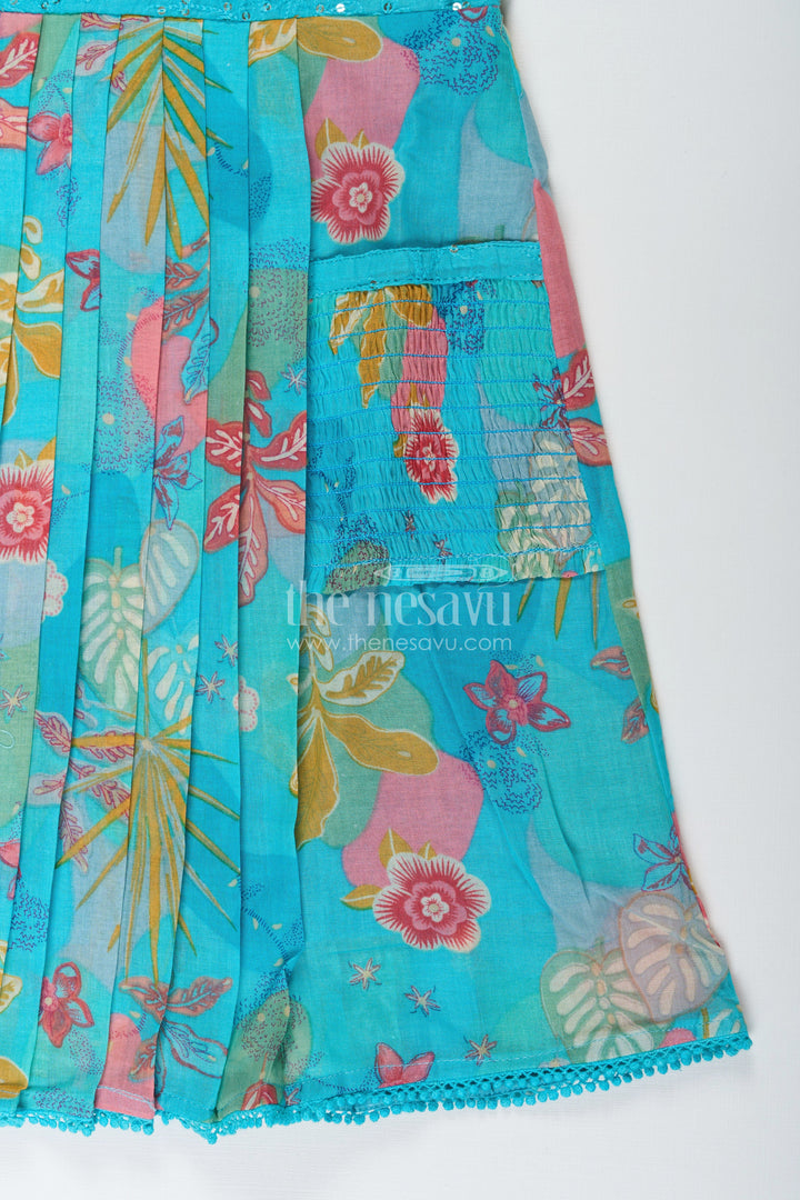 The Nesavu Girls Cotton Frock Girls frock eid stylish dress design in Vibrant Floral Cotton with Sequin Accents and Pleated Skirt Nesavu Nesavu Girls frock eid stylish dress design Printed Cotton Sequin Embroidery Pleats