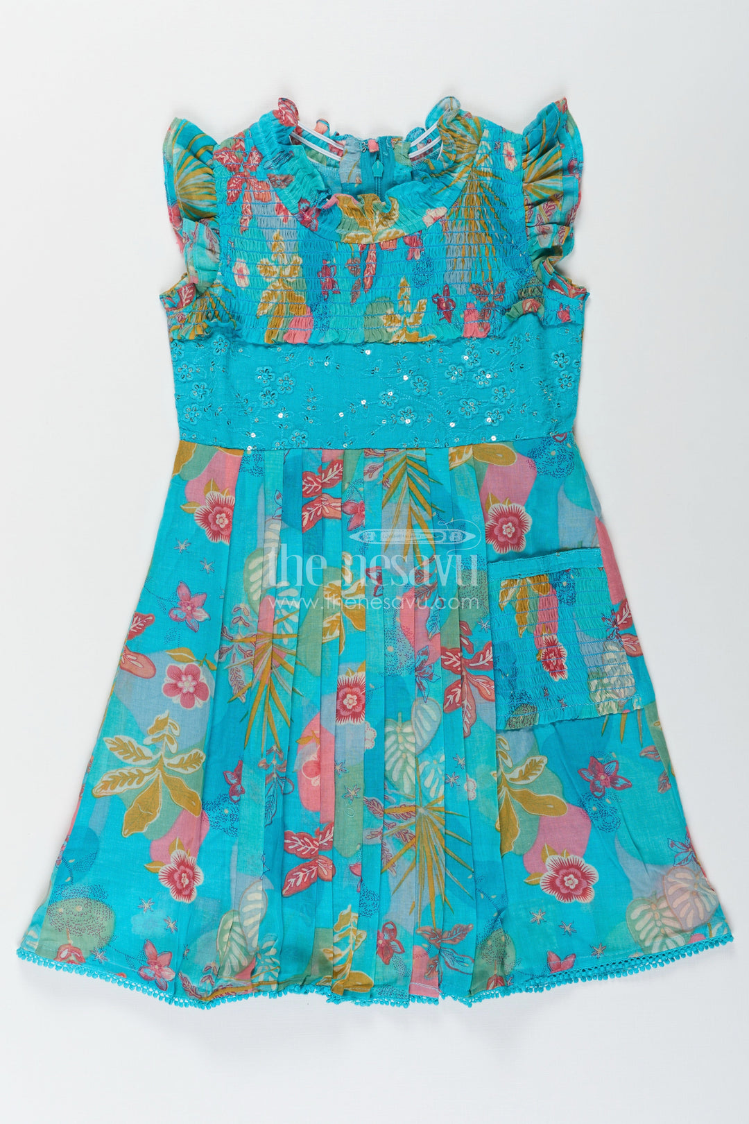 The Nesavu Girls Cotton Frock Girls frock eid stylish dress design in Vibrant Floral Cotton with Sequin Accents and Pleated Skirt Nesavu Nesavu Girls frock eid stylish dress design Printed Cotton Sequin Embroidery Pleats