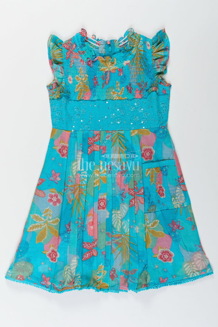 The Nesavu Girls Cotton Frock Girls frock eid stylish dress design in Vibrant Floral Cotton with Sequin Accents and Pleated Skirt Nesavu Nesavu Girls frock eid stylish dress design Printed Cotton Sequin Embroidery Pleats
