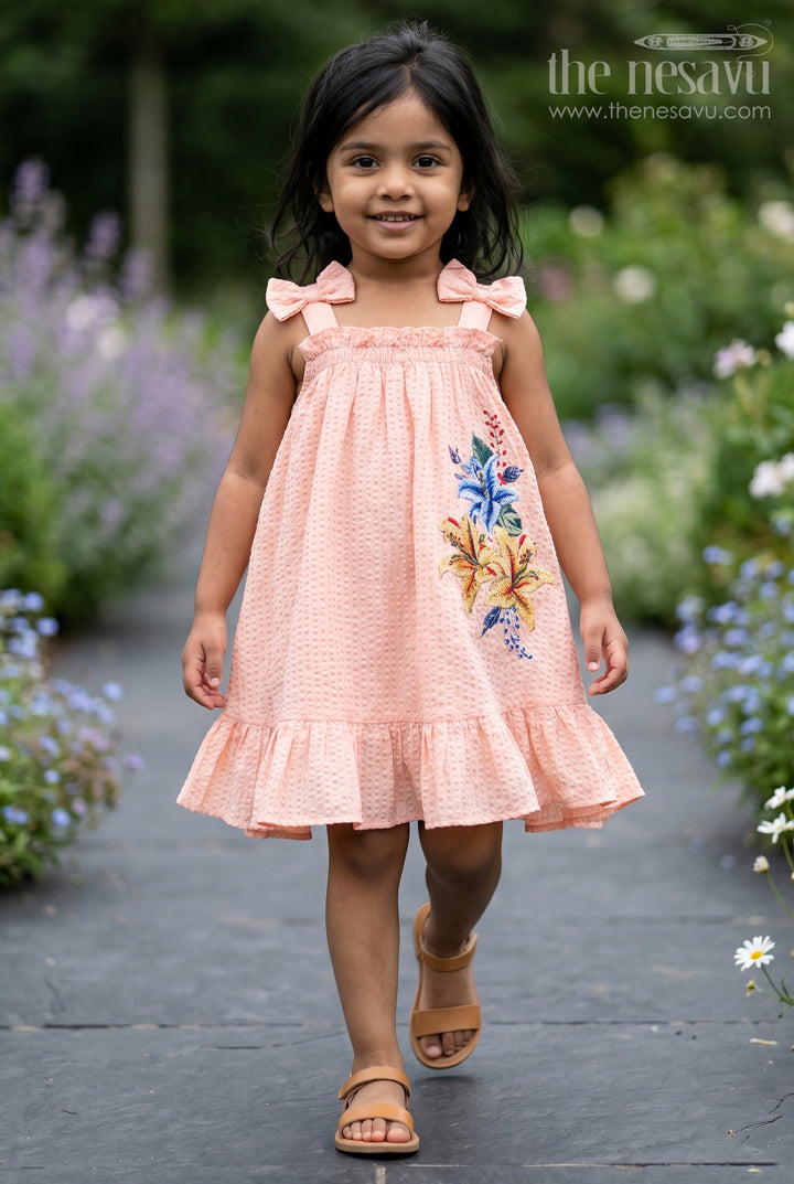 The Nesavu Girls Cotton Frock Girls Frock for Casual Celebrations and Family Outings Nesavu 20 (3Y) / Peach / Cotton GFC2251A-20 Nesavu Girls Cotton Blend Frock For Casual Celebrations And Comfortable Festive Outings
