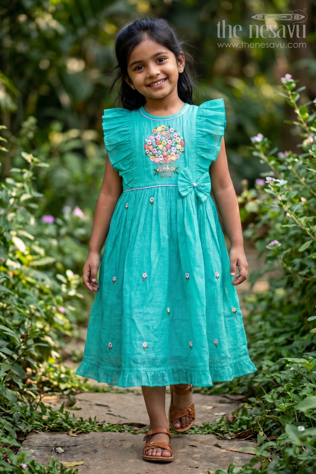 The Nesavu Girls Chanderi Frock Girls Frock for Festive Gatherings and Traditional Celebrations Nesavu 16 (1Y) / Green / Chanderi GFC2231A-16 Nesavu Girls Chanderi Cotton Frock For Festive Gatherings And Traditional Celebrations With Embroidery