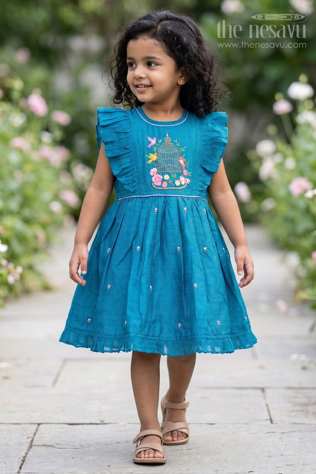 The Nesavu Girls Chanderi Frock Girls Frock for Festive Occasions and Birthday Celebrations Nesavu 16 (1Y) / Blue / Chanderi GFC2227A-16 Nesavu Girls Chanderi Cotton Frock For Festive Occasions And Birthday Celebrations With Embroidered Design
