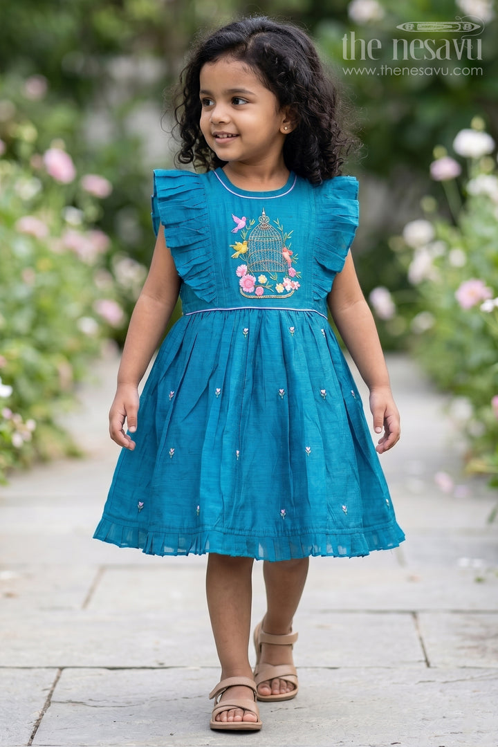 The Nesavu Girls Chanderi Frock Girls Frock for Festive Occasions and Birthday Celebrations Nesavu 16 (1Y) / Blue / Chanderi GFC2227A-16 Nesavu Girls Chanderi Cotton Frock For Festive Occasions And Birthday Celebrations With Embroidered Design