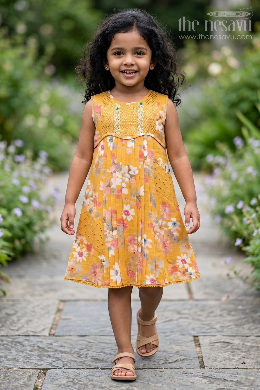 The Nesavu Girls Cotton Frock Girls Frock for Festive Outings and Birthday Celebrations Nesavu 22 (4Y) / Yellow / Cotton GFC2218B-22 Nesavu Girls Cotton Frock For Festive Outings And Birthday Celebrations With Floral Digital Print Design