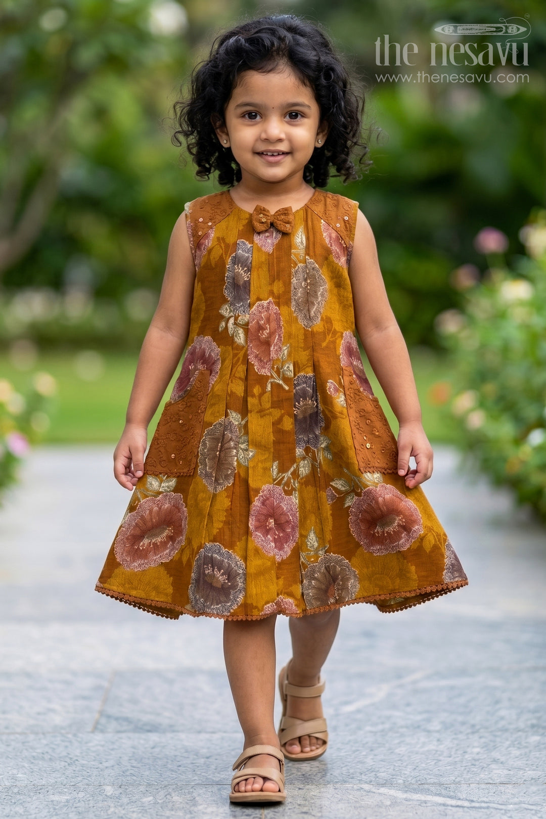 The Nesavu Girls Cotton Frock Girls Frock for Festive Wear and Special Day Outings Nesavu 22 (4Y) / Brown / Cotton GFC2220A-22 Nesavu Girls Cotton Frock For Festive Wear And Special Outings With Bold Floral Digital Print Design
