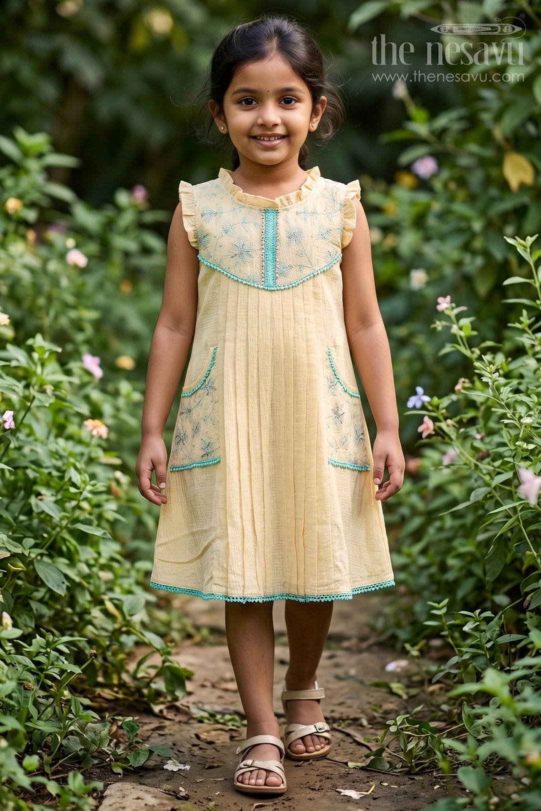 The Nesavu Girls Cotton Frock Girls Frock for Traditional Gatherings and Festive Occasions Nesavu 22 (4Y) / Yellow / Cotton GFC2219A-22 Nesavu Girls Cotton Frock For Traditional Gatherings And Festive Occasions With Elegant Embroidery Design