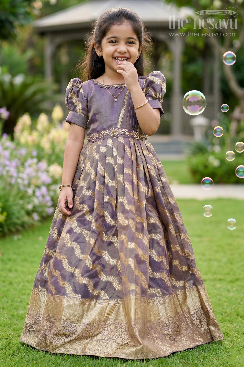 gol dress design Girls Frock Gown Organza Banarasi Silk Puff Sleeves Zari Border Size:2W Ecom Style:AP1D105353 Removable pad pockets stensinthecity on LTK