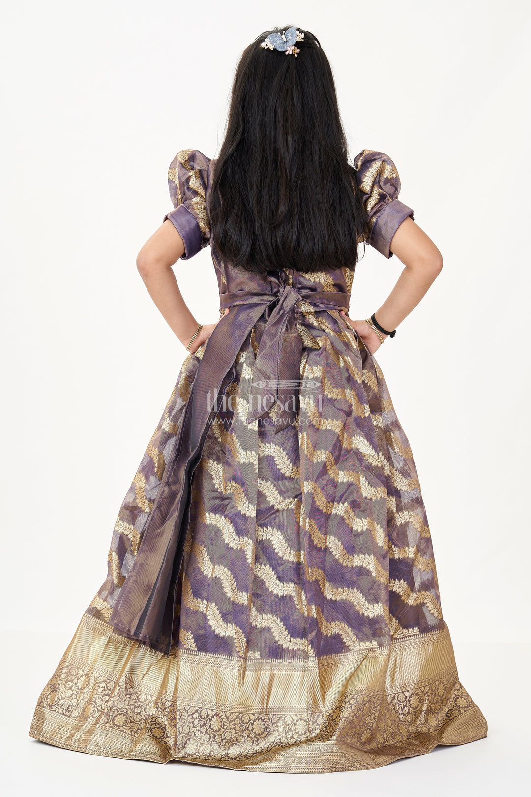 Girls Frock Gown Design Organza Banarasi Silk Puff Sleeves Zari Border | The Nesavu The Nesavu Girls Frock Gown Design Organza Banarasi Silk Puff Sleeves Zari Border | The Nesavu The Nesavu