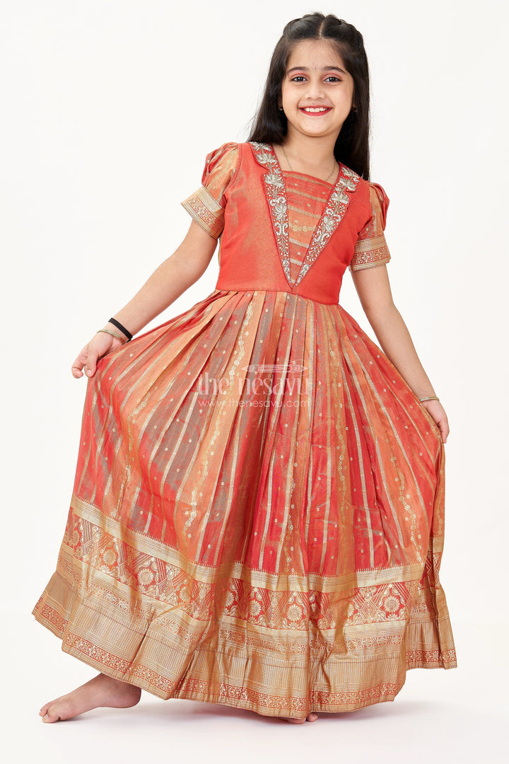 The Nesavu Girls Silk Gown Girls Frock Gown in Organza Silk Banarasi with Zari Border and Puff Sleeves Nesavu 18 (2Y) / Peach GA305B-18 Nesavu Girls Frock Gown Organza Banarasi Silk Zari Border Puff Sleeves