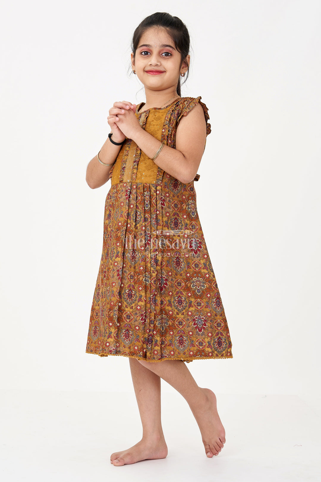 The Nesavu Girls Cotton Frock Girls Frock in Cotton with Vintage Floral Patterns and Pleated Detailing for an Elegant Look Nesavu 22 (4Y) / Yellow GFC1631A-22 Nesavu Girls Frock Cotton Vintage Floral Prints Elegant Pleated Detailing