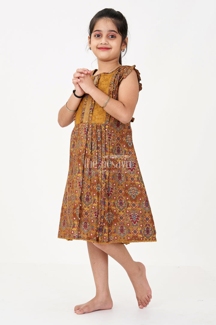 The Nesavu Girls Cotton Frock Girls Frock in Cotton with Vintage Floral Patterns and Pleated Detailing for an Elegant Look Nesavu 22 (4Y) / Yellow GFC1631A-22 Nesavu Girls Frock Cotton Vintage Floral Prints Elegant Pleated Detailing